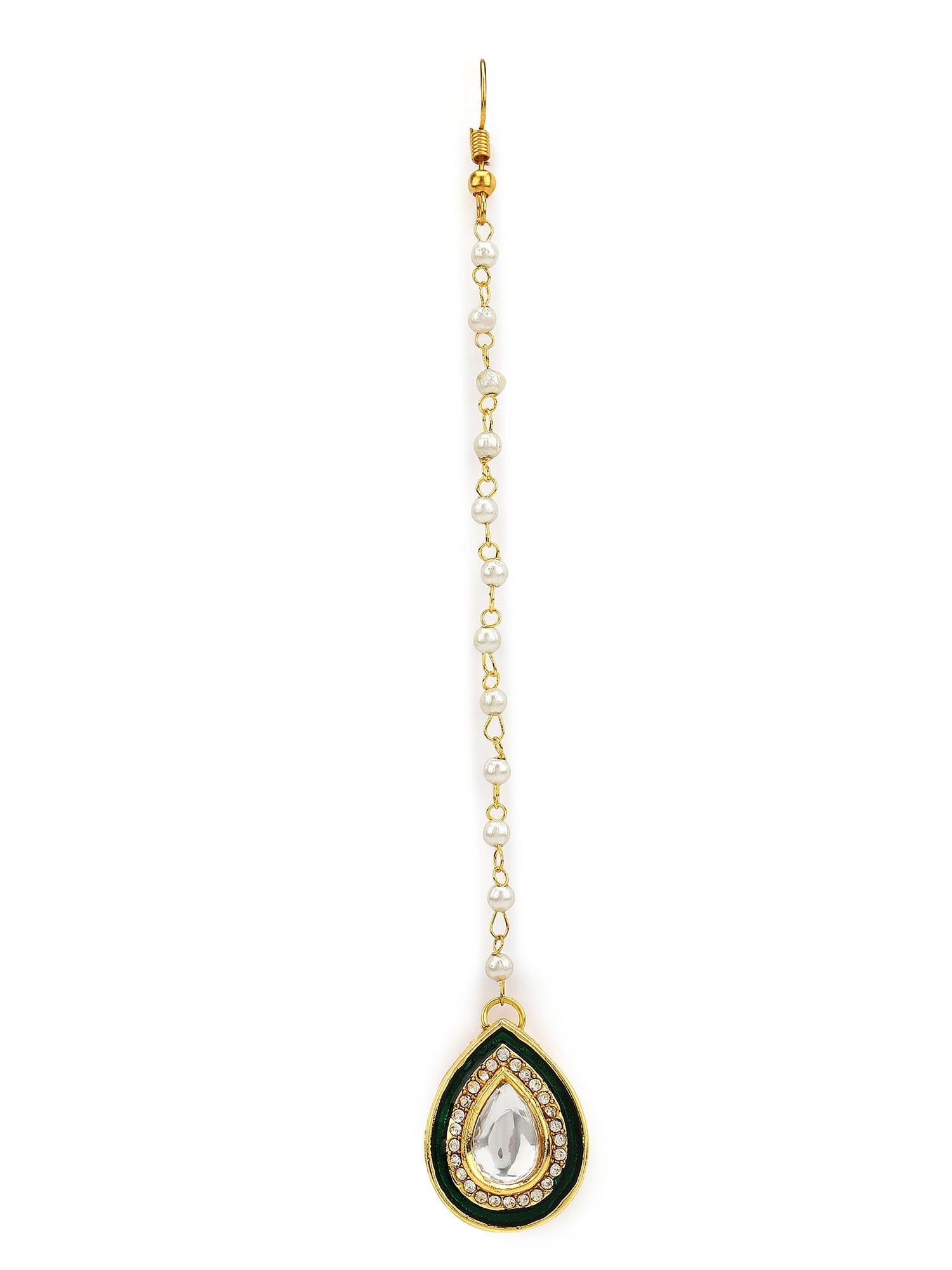 White Gold-Toned Plated Kundan-Studded Pearl Beaded Maang Tikka - Ruby Raang - Distacart