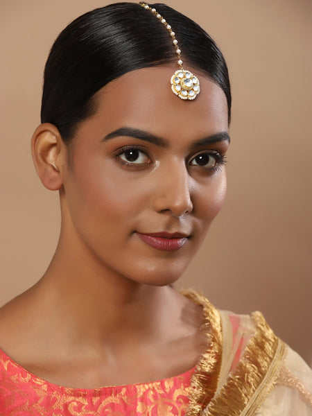 Gold-Polished white Maang Tikka - Ruby Raang