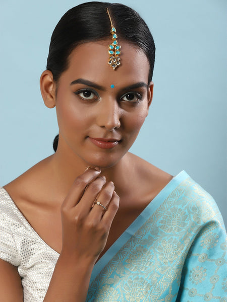 Gold-Polished Turquoise Blue Kundan-Studded Maang Tikka - Ruby Raang