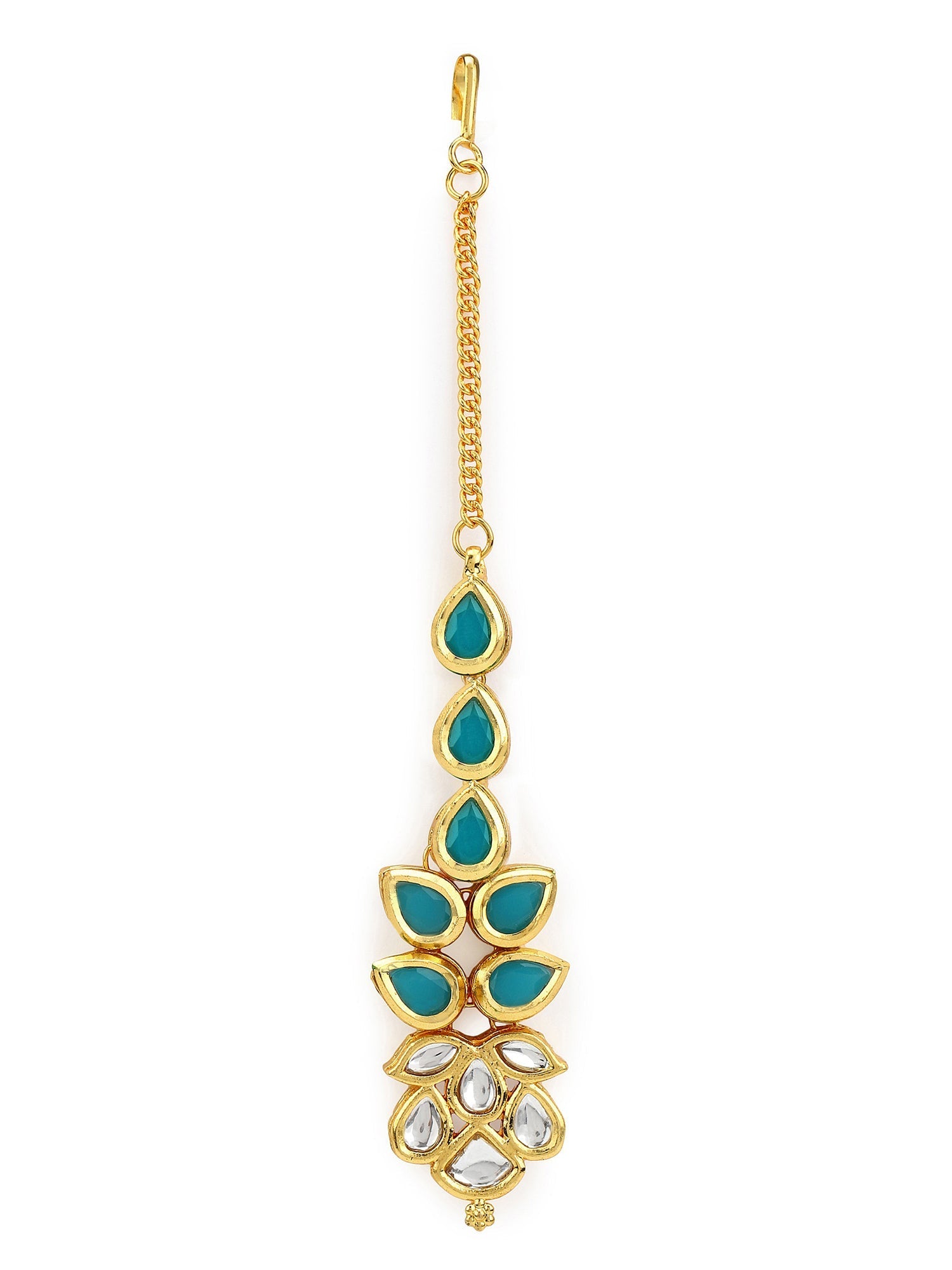 Gold-Plated Turquoise Blue Kundan-Studded Maang Tikka - Ruby Raang - Distacart