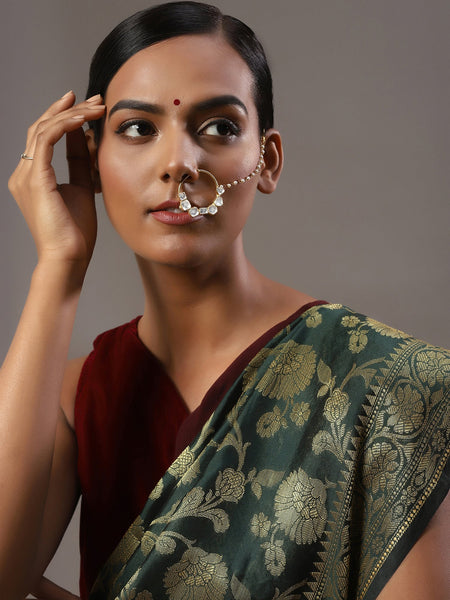Gold-Polished White Kundan-Studded Nose Ring With Chain - Ruby Raang