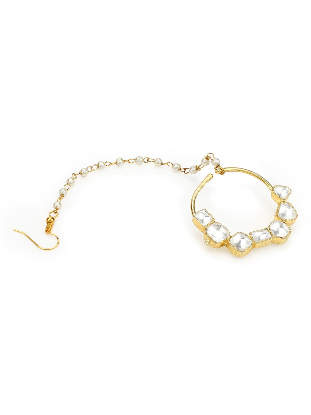 Gold-Plated White Kundan-Studded Nose Ring With Chain - Ruby Raang - Distacart