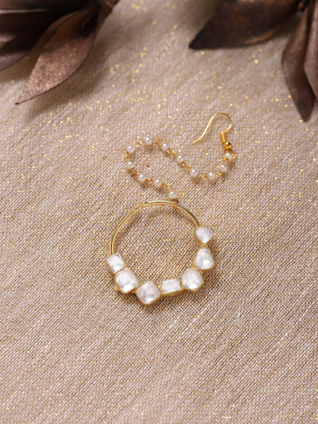 Gold-Plated White Kundan-Studded Nose Ring With Chain - Ruby Raang - Distacart