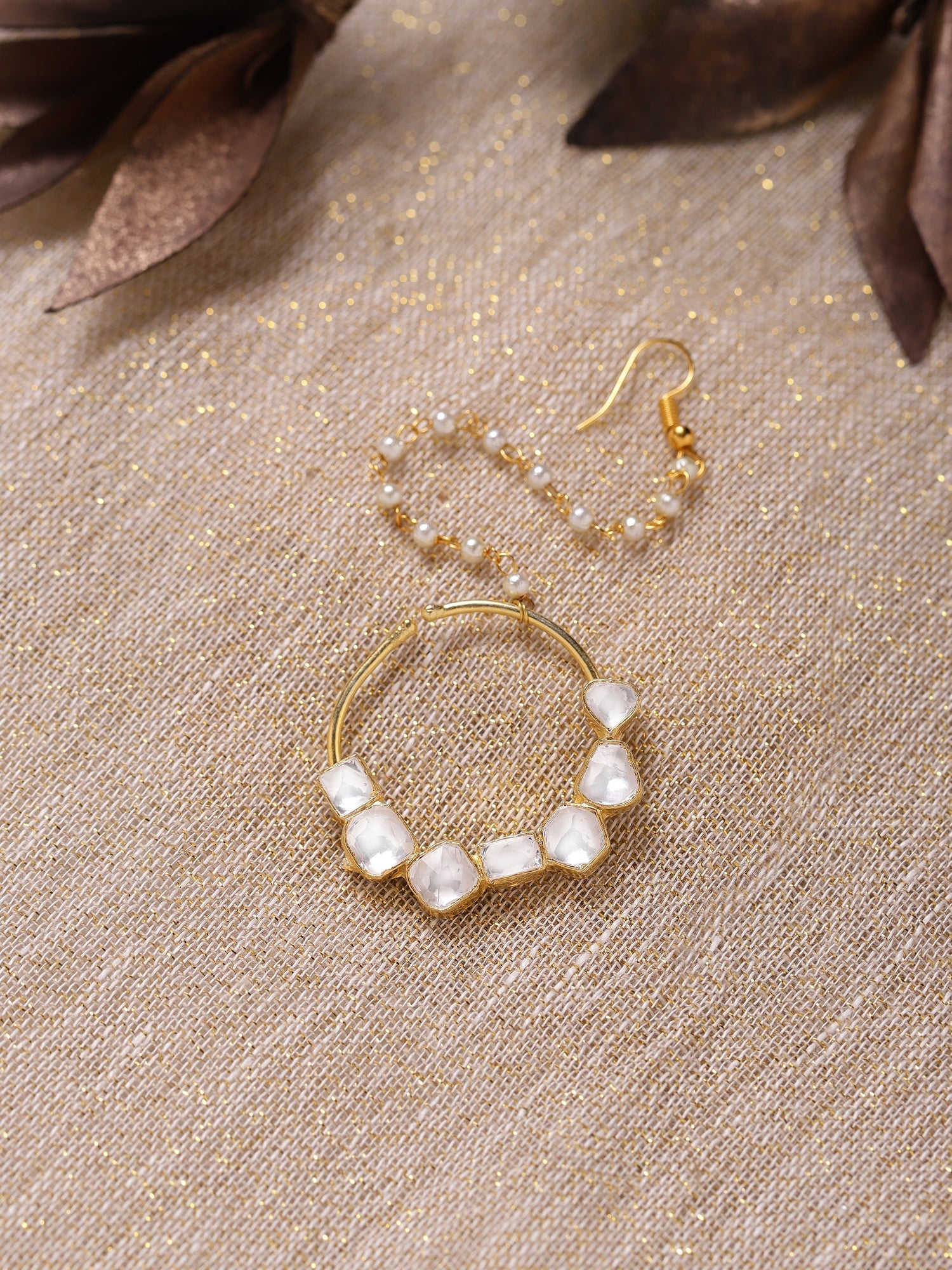 Gold-Plated White Kundan-Studded Nose Ring With Chain - Ruby Raang - Distacart