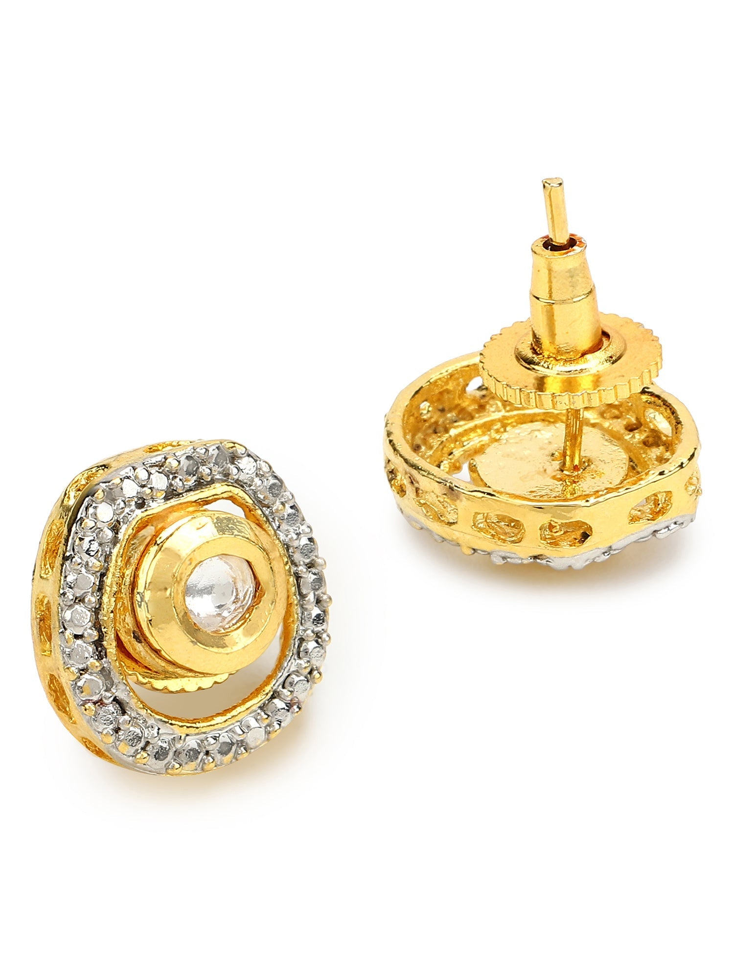 Gold-Plated White Kundan Studded Circular Studs Earrings - Ruby Raang - Distacart