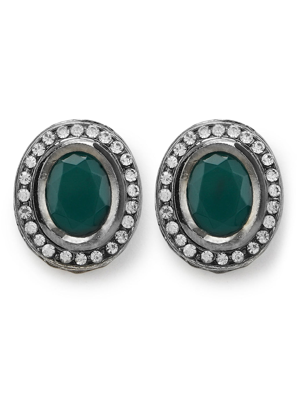 Silver-Plated Oval Kundan Studded Studs Earrings - Ruby Raang - Distacart