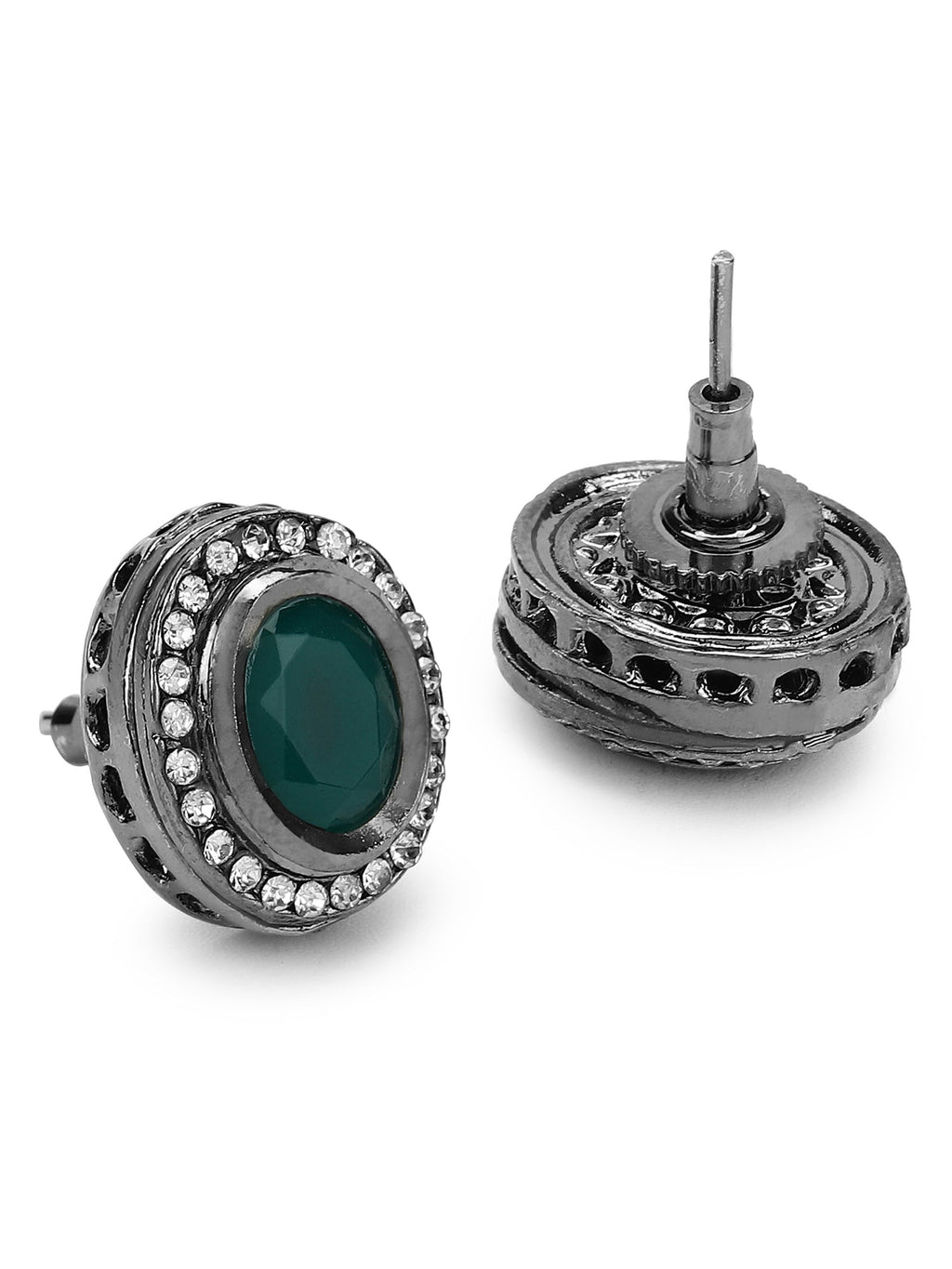 Silver-Plated Oval Kundan Studded Studs Earrings - Ruby Raang - Distacart