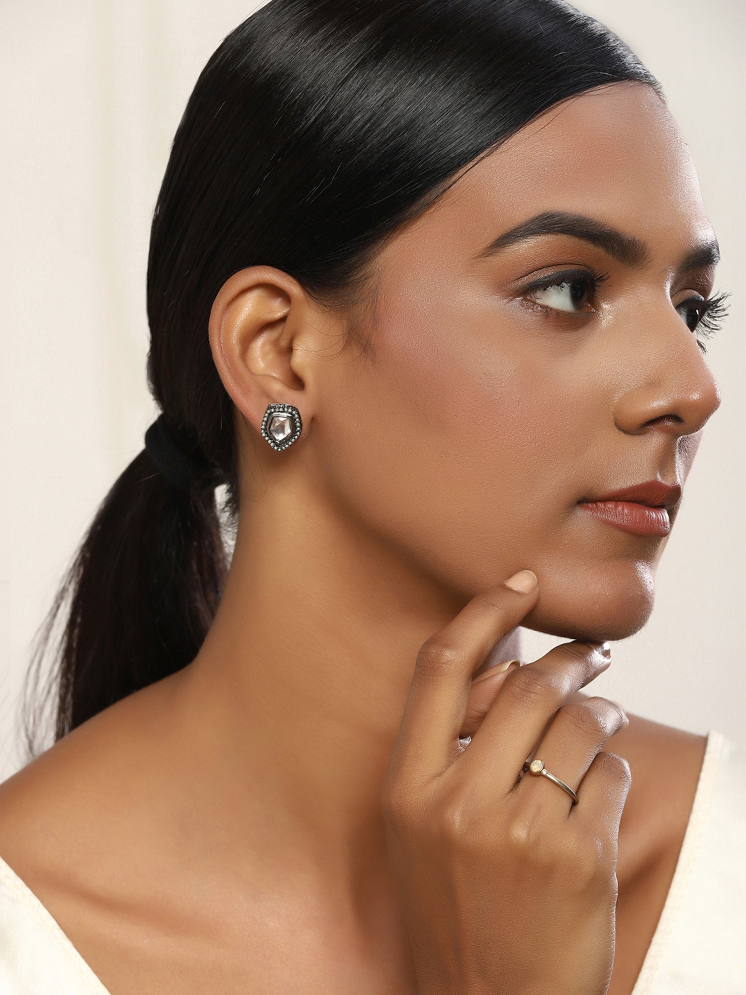 Silver-Plated Geometric Kundan Studs Earrings - Ruby Raang - Distacart