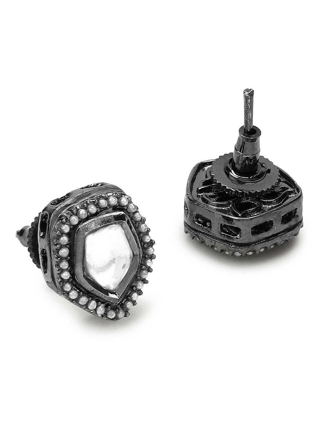 Silver-Plated Geometric Kundan Studs Earrings - Ruby Raang - Distacart