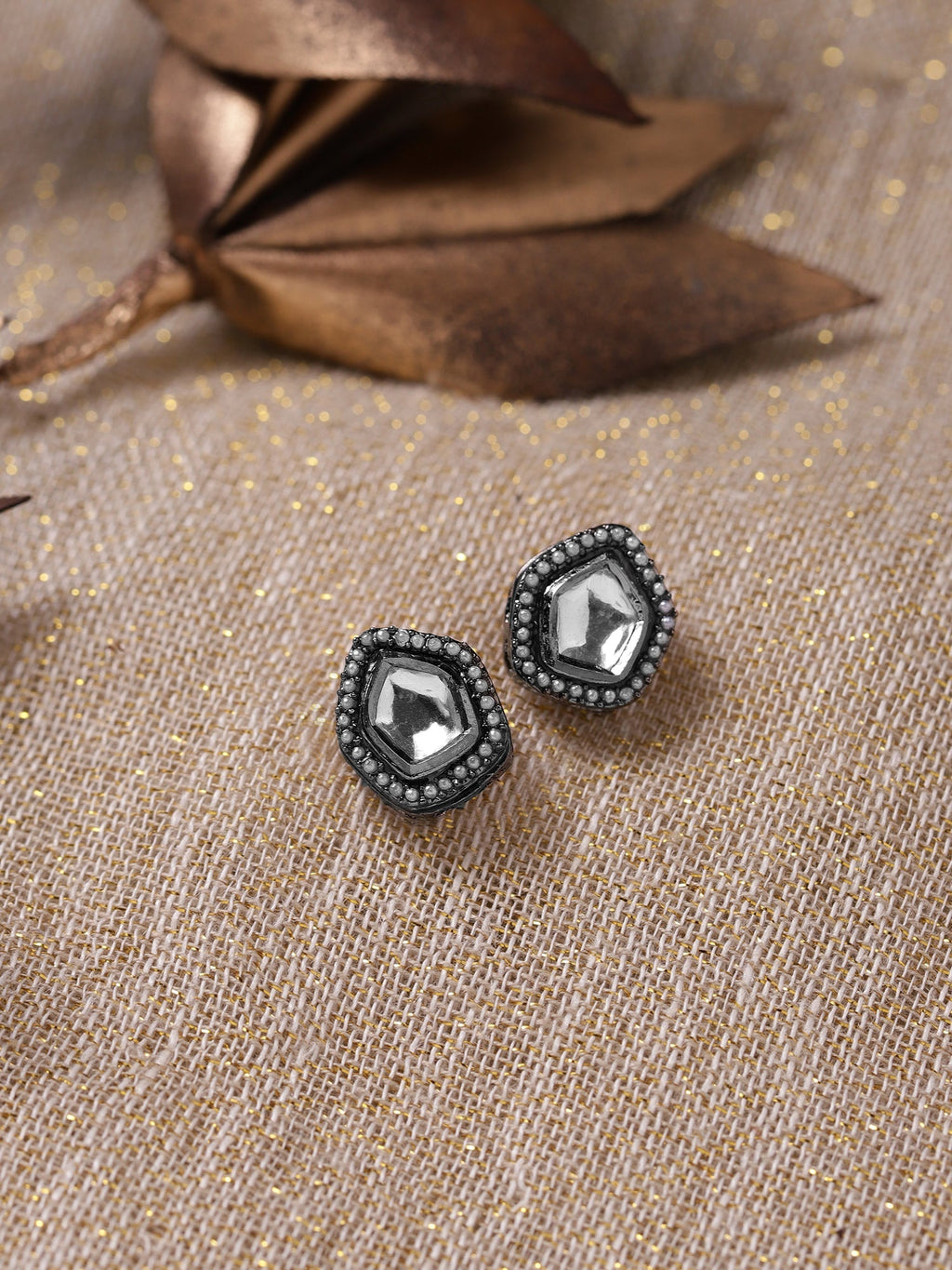 Silver-Plated Geometric Kundan Studs Earrings - Ruby Raang - Distacart