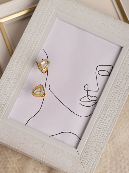 Gold-Polished Triangular Kundan Studded Studs Earrings - Ruby Raang