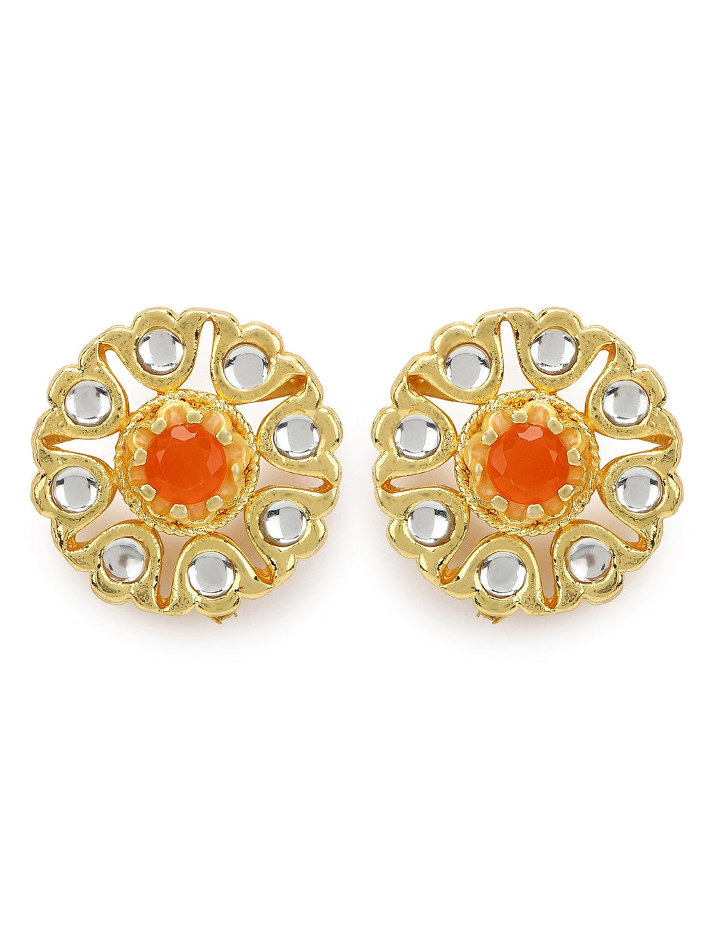 Gold-Plated Floral Shaped Kundan Studded Studs Earrings - Ruby Raang - Distacart