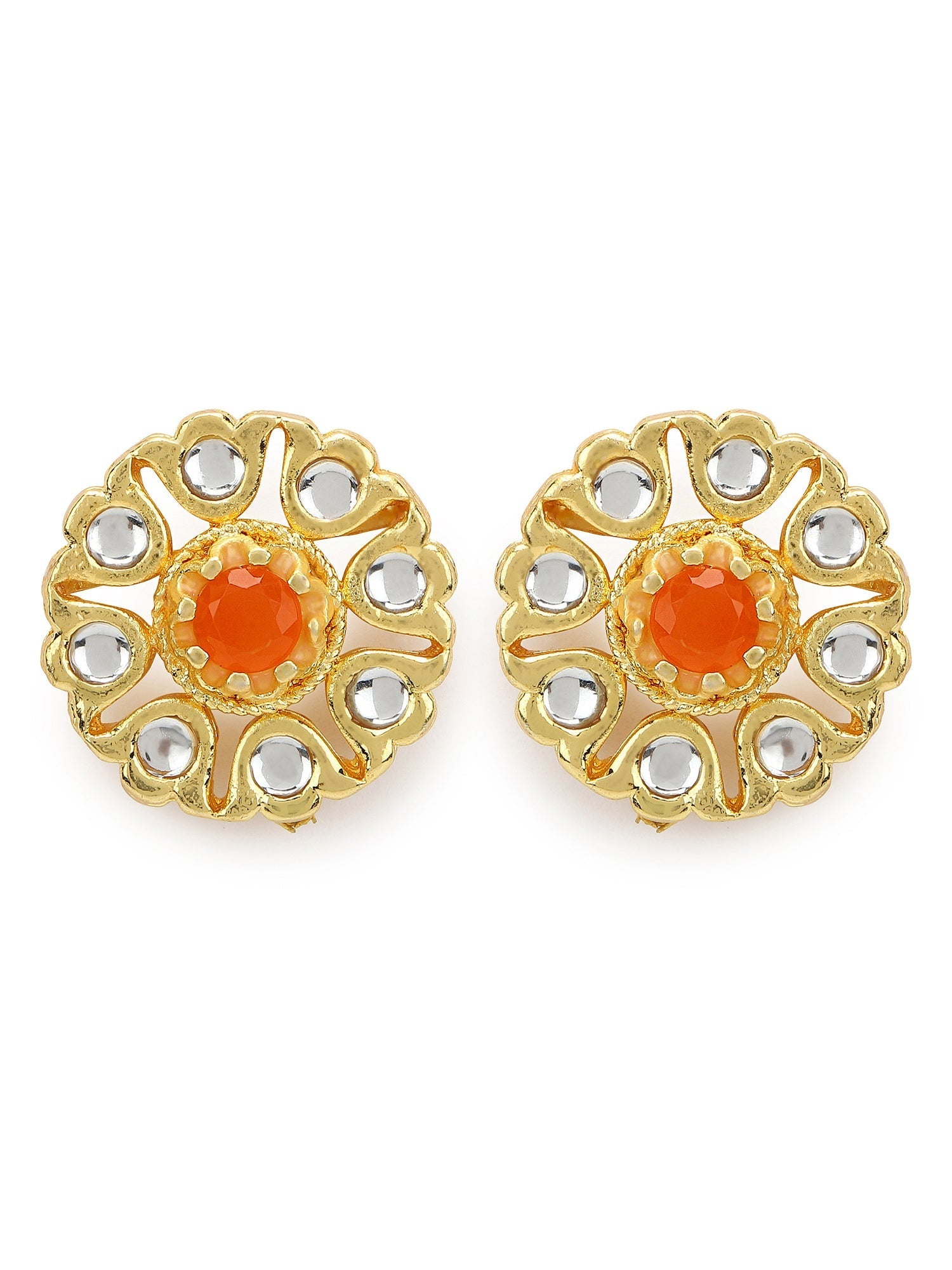 Gold-Plated Floral Shaped Kundan Studded Studs Earrings - Ruby Raang - Distacart