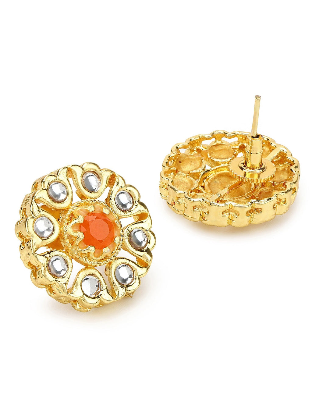 Gold-Plated Floral Shaped Kundan Studded Studs Earrings - Ruby Raang - Distacart