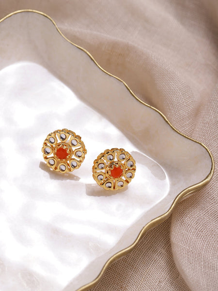Gold-Polished Floral Shaped Kundan Studded Studs Earrings - Ruby Raang