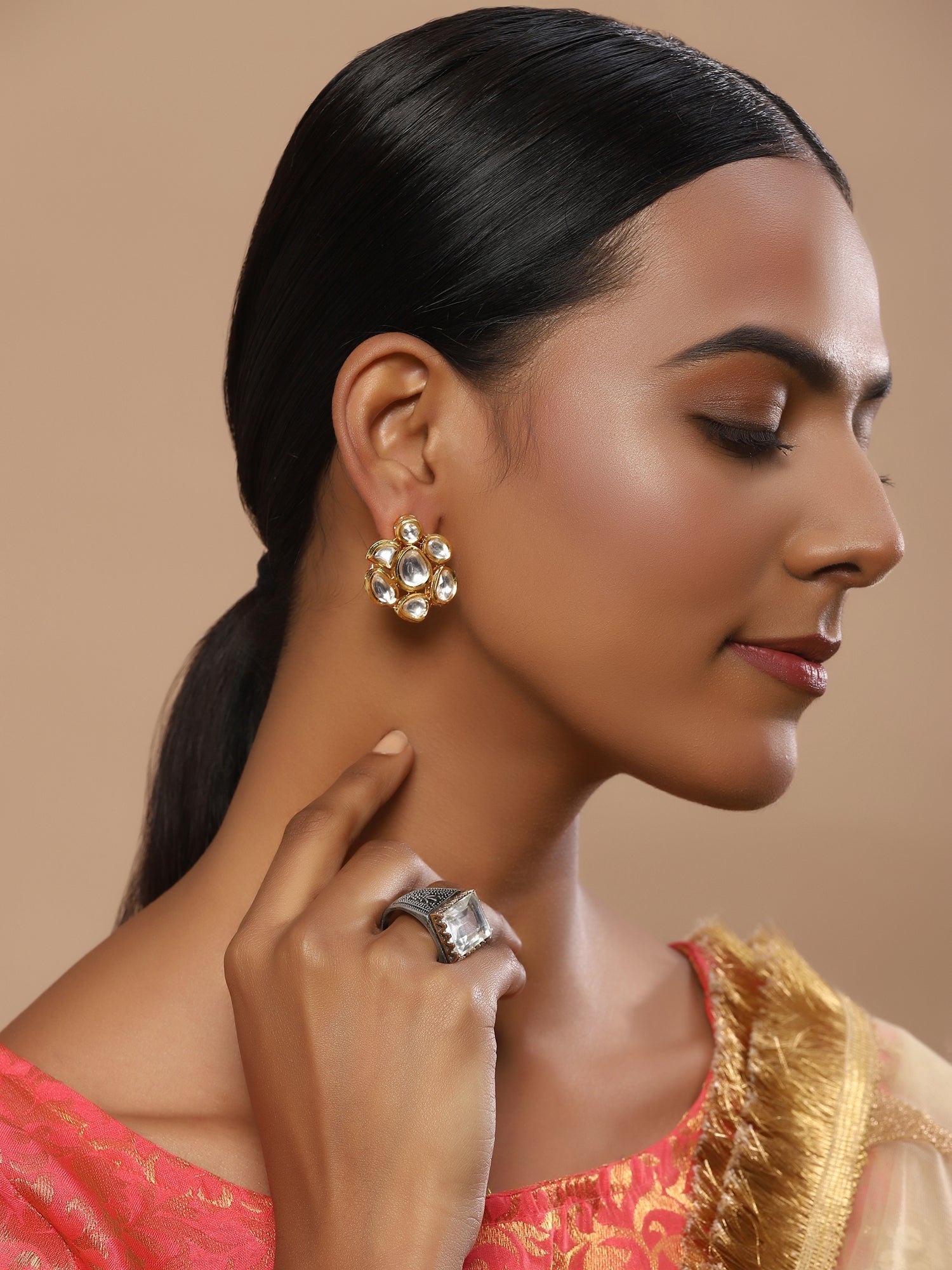 Gold-Toned Circular Studs Earrings - Ruby Raang - Distacart