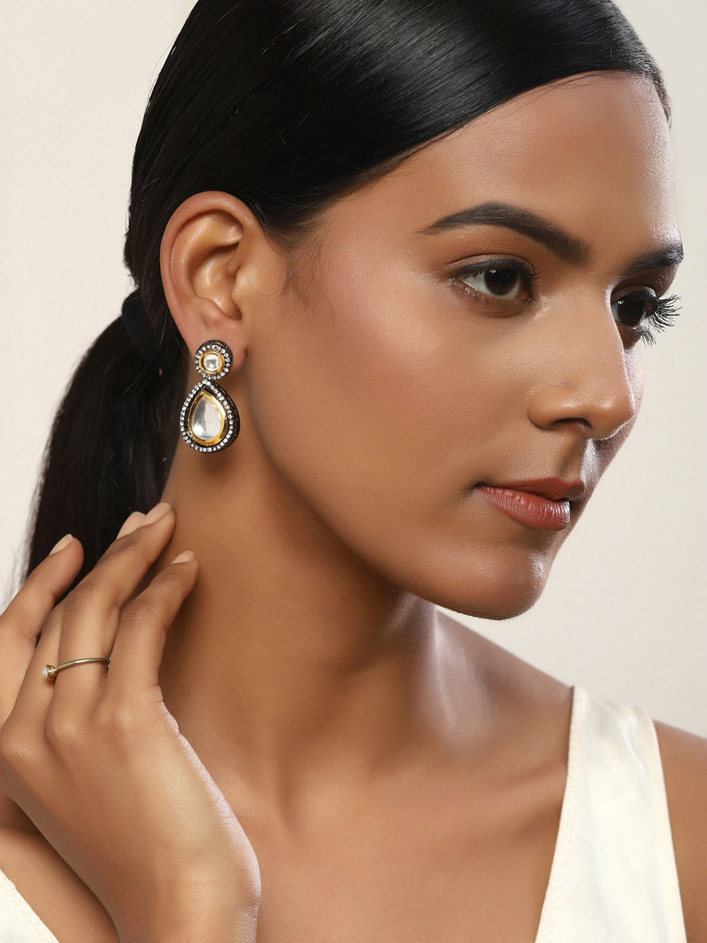 Silver-Plated Teardrop Shape Kundan Studded Drop Earrings - Ruby Raang - Distacart