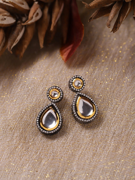 Silver-Plated Teardrop Shape Kundan Studded Drop Earrings - Ruby Raang