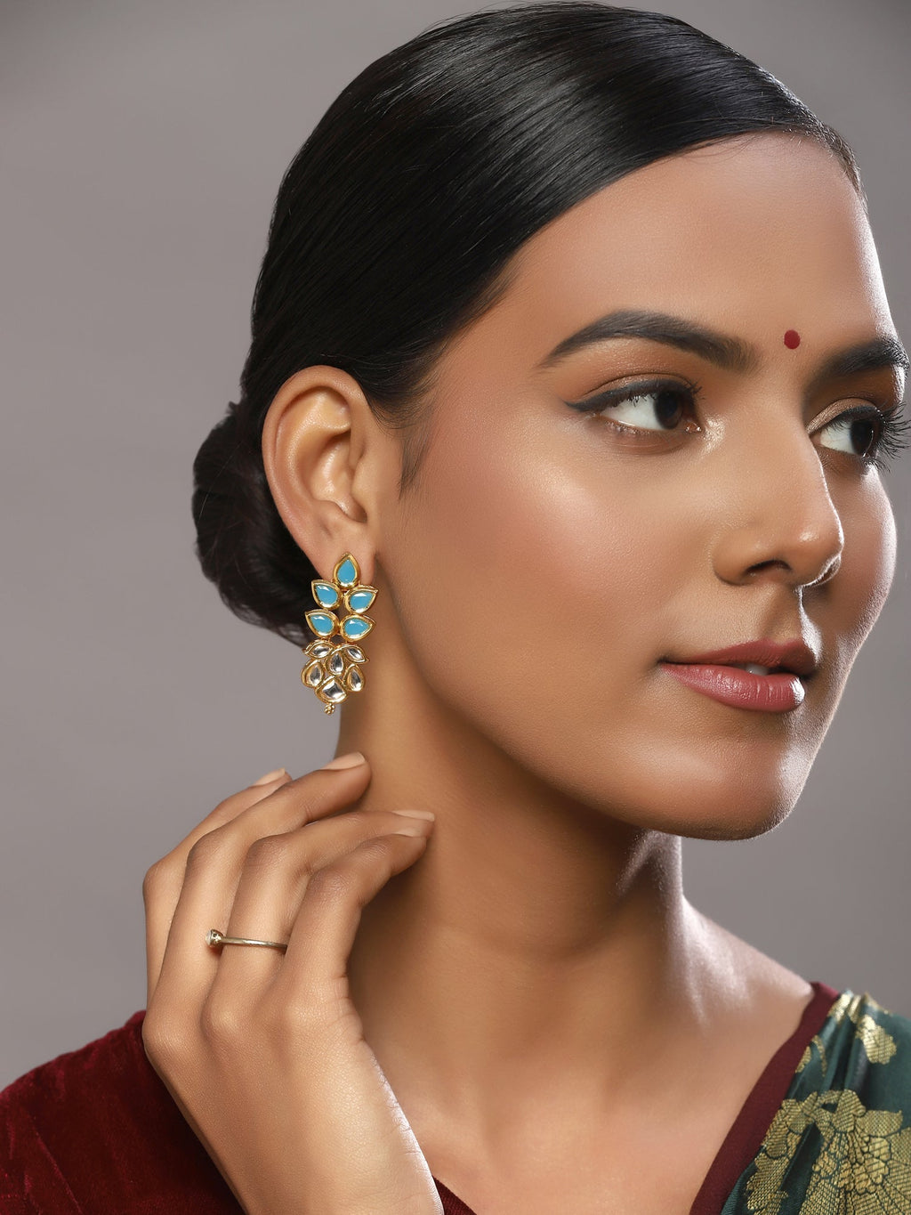 Gold-Toned Leaf Shaped Studs Earrings - Ruby Raang - Distacart