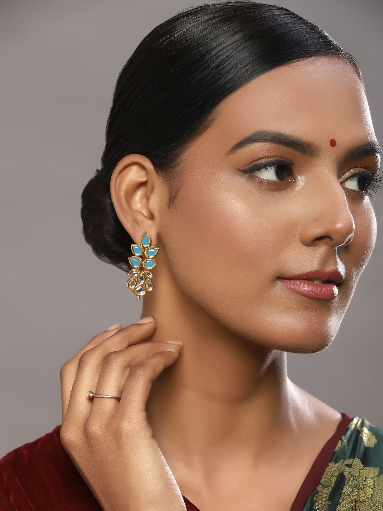 Gold-Toned Leaf Shaped Studs Earrings - Ruby Raang - Distacart