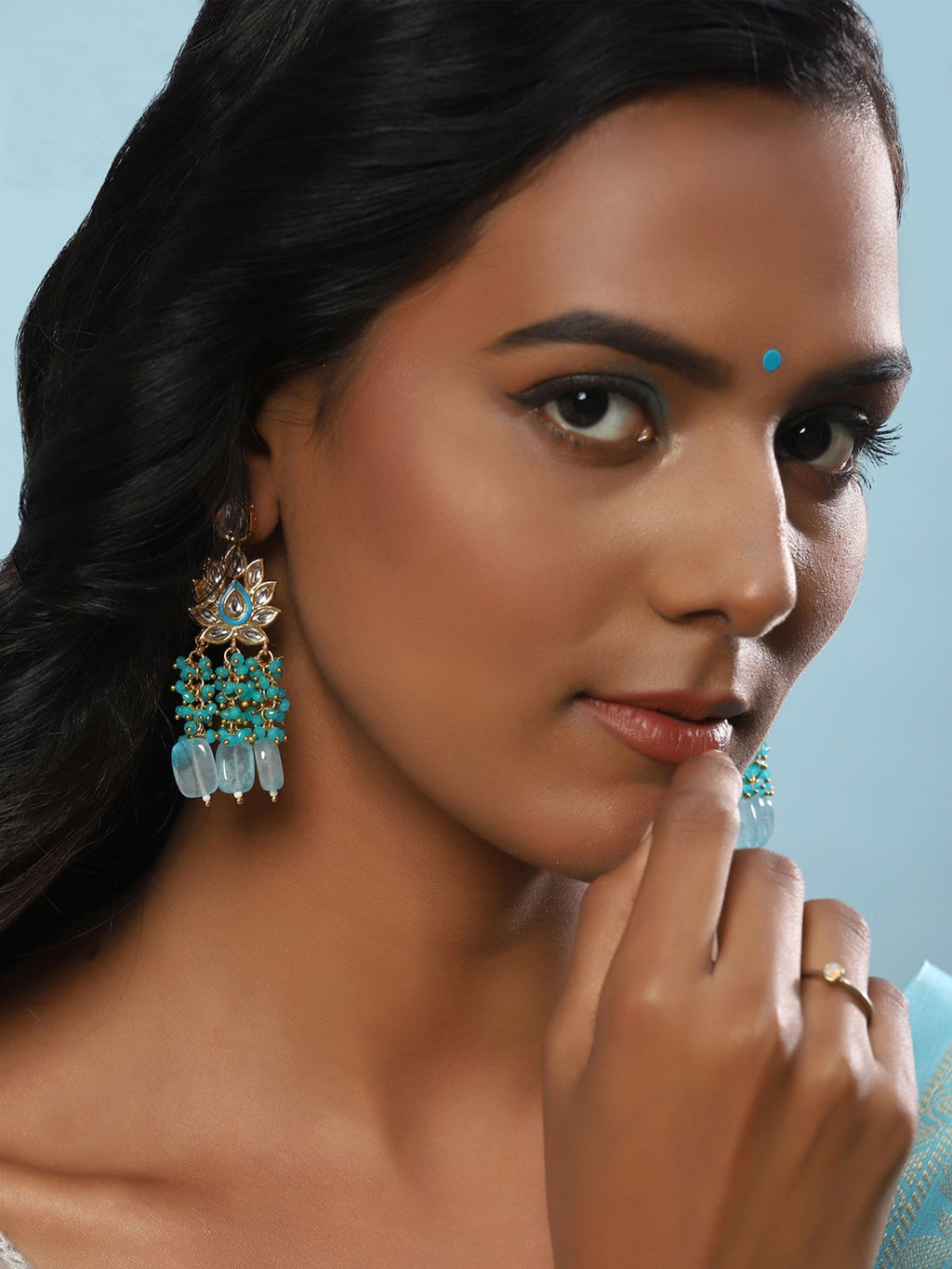 Gold-Plated Turquoise Blue Kundan Studded Classic Drop Earrings - Ruby Raang - Distacart