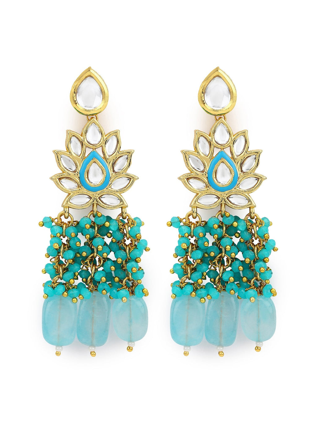 Gold-Plated Turquoise Blue Kundan Studded Classic Drop Earrings - Ruby Raang - Distacart