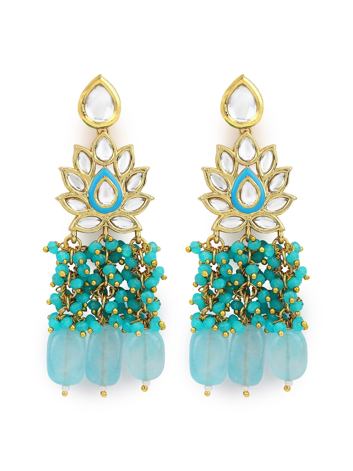 Gold-Plated Turquoise Blue Kundan Studded Classic Drop Earrings - Ruby Raang - Distacart
