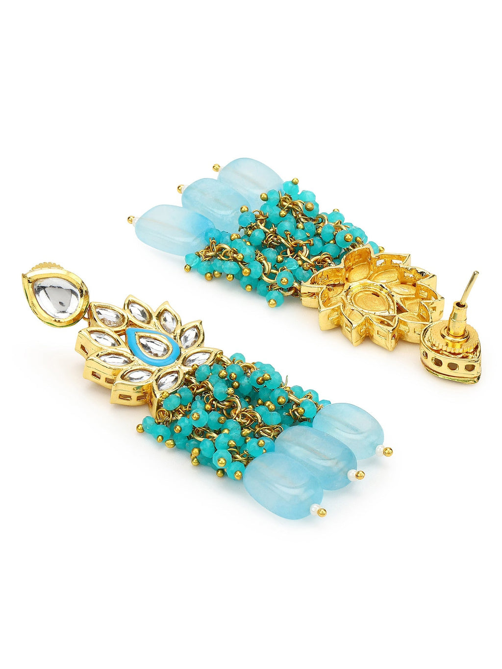 Gold-Plated Turquoise Blue Kundan Studded Classic Drop Earrings - Ruby Raang - Distacart