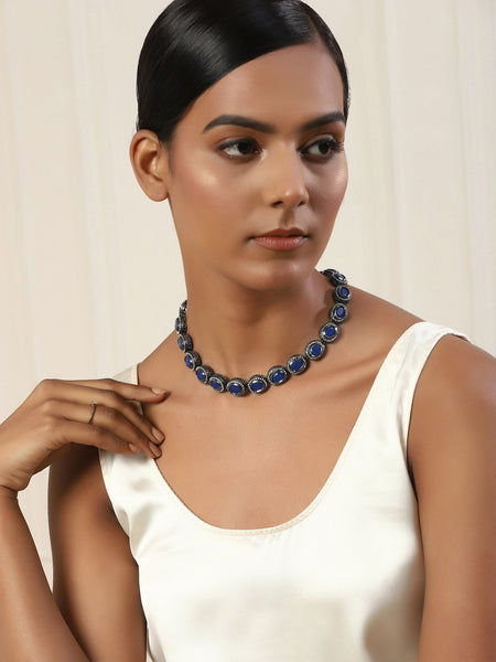 Oxidised Silver-Plated Blue White Kundan Studded Brass Choker Necklace - Ruby Raang