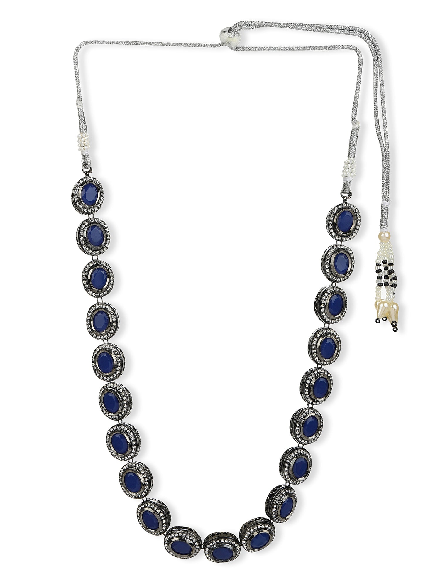 Oxidised Silver-Plated Blue White Kundan Studded Brass Choker Necklace - Ruby Raang - Distacart