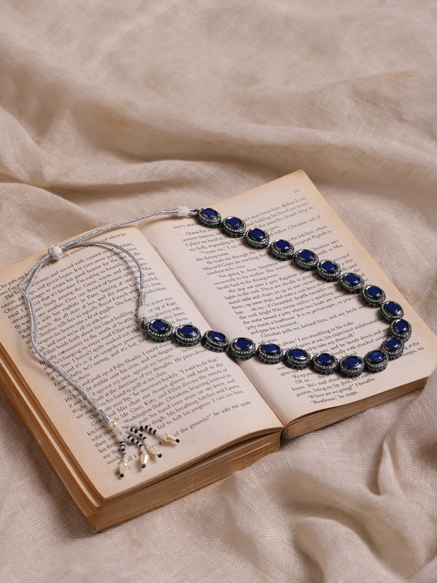 Oxidised Silver-Plated Blue White Kundan Studded Brass Choker Necklace - Ruby Raang - Distacart