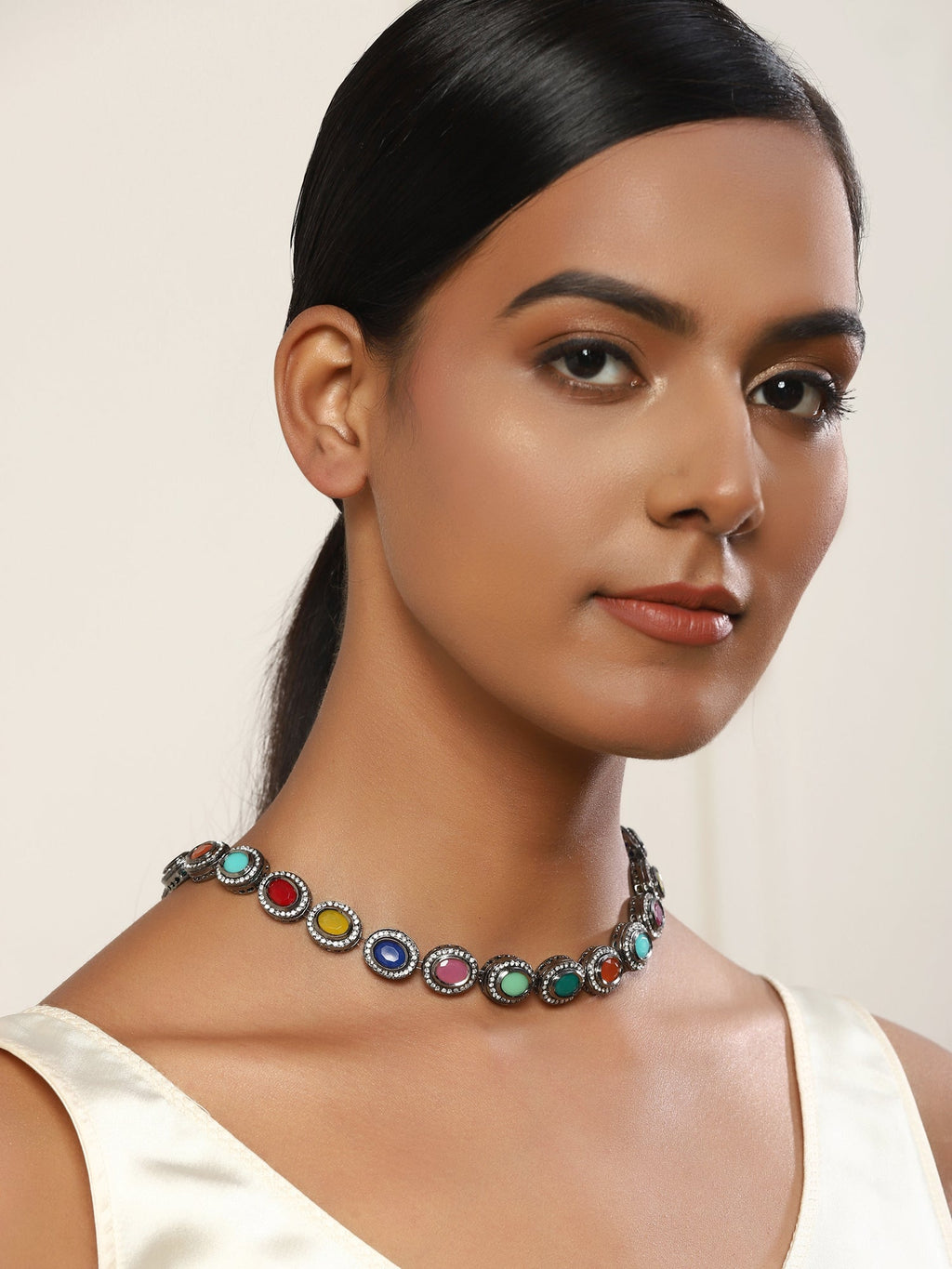 Multicoloured Brass Silver-Plated Handcrafted Necklace - Ruby Raang - Distacart
