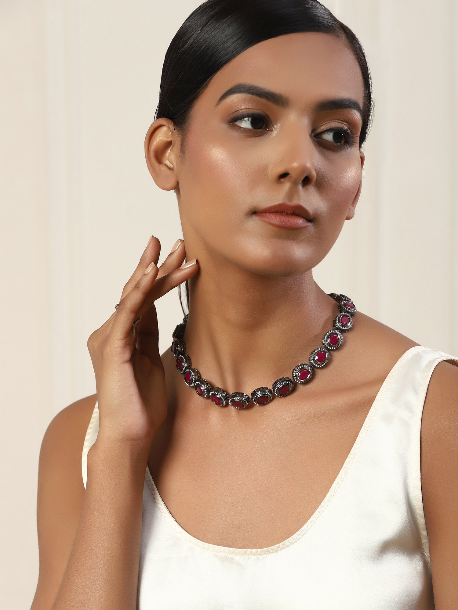 Silver-Plated Pink Kundan Studded Chain - Ruby Raang - Distacart