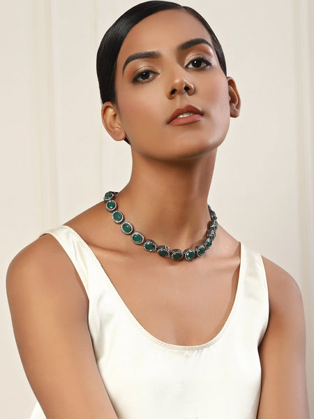 Green Silver-Toned Brass Silver-Plated Necklace - Ruby Raang