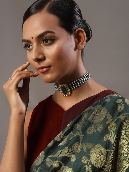 Gold-Polished Green Choker Necklace - Ruby Raang