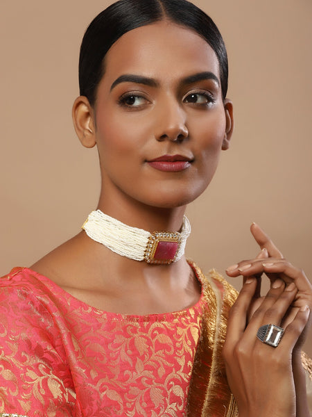 Gold-Polished White Pink Kundan Studded Beaded Brass Choker Necklace - Ruby Raang