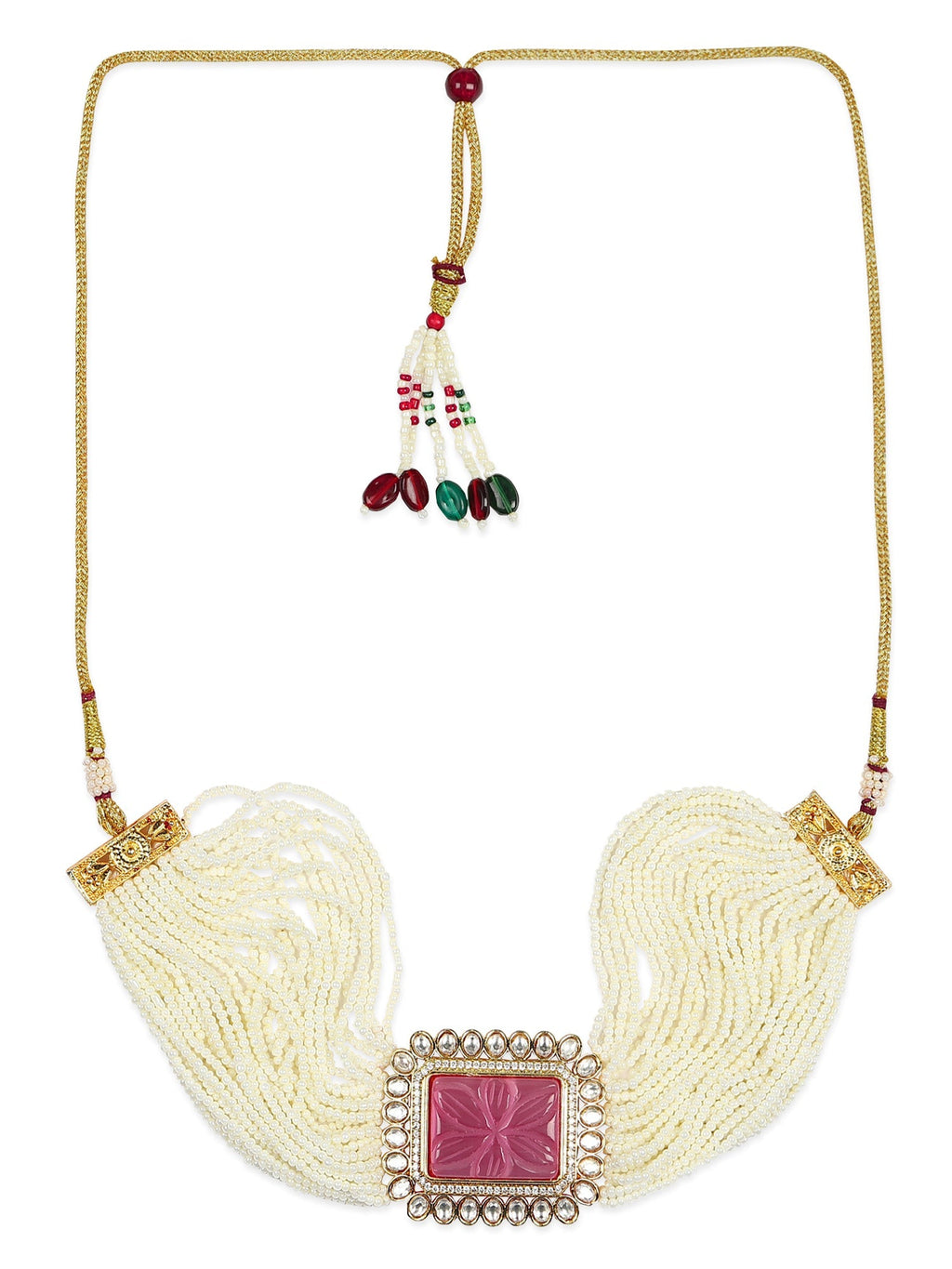 Gold-Plated White Pink Kundan Studded Beaded Brass Choker Necklace - Ruby Raang - Distacart