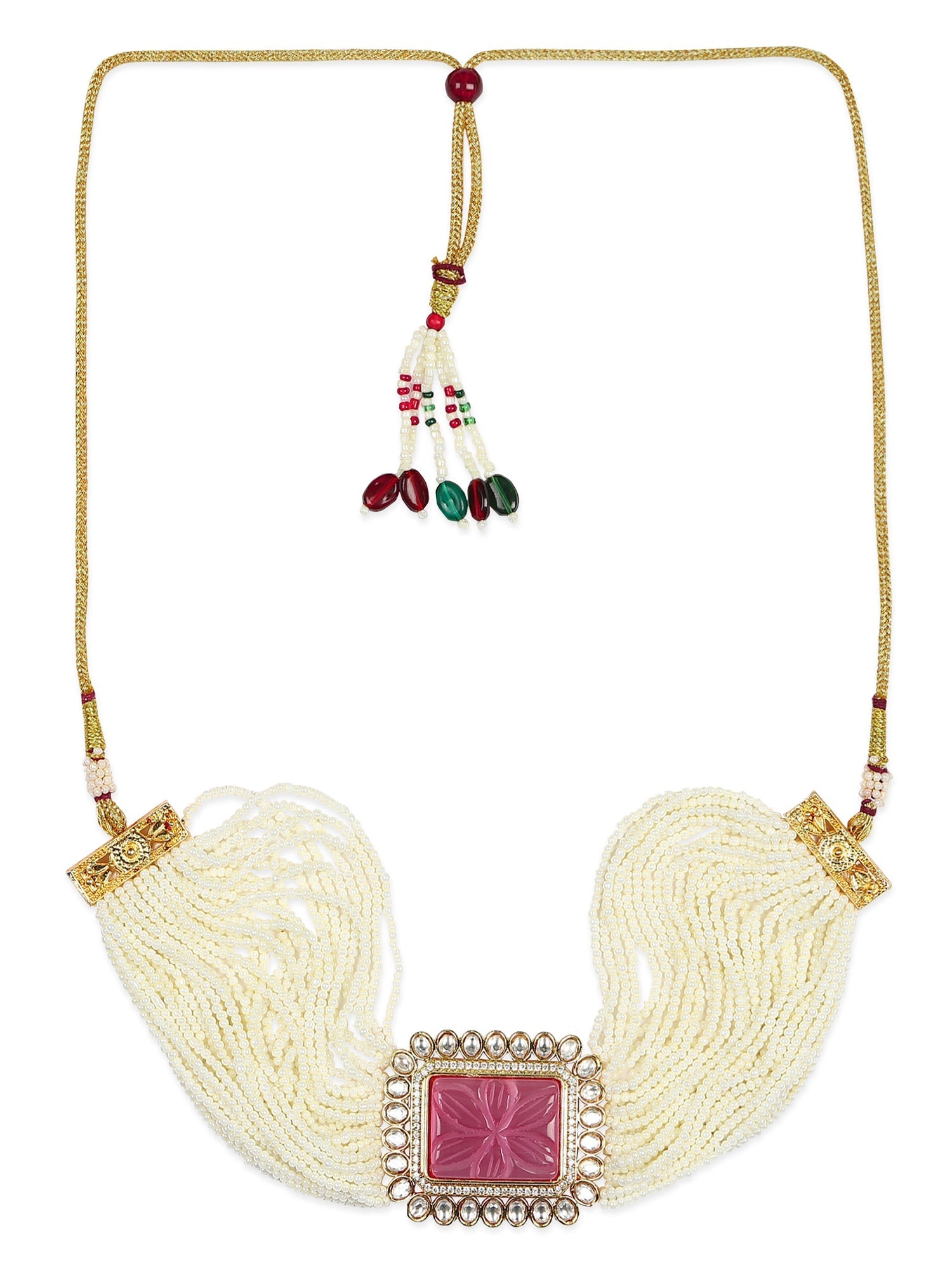 Gold-Plated White Pink Kundan Studded Beaded Brass Choker Necklace - Ruby Raang - Distacart