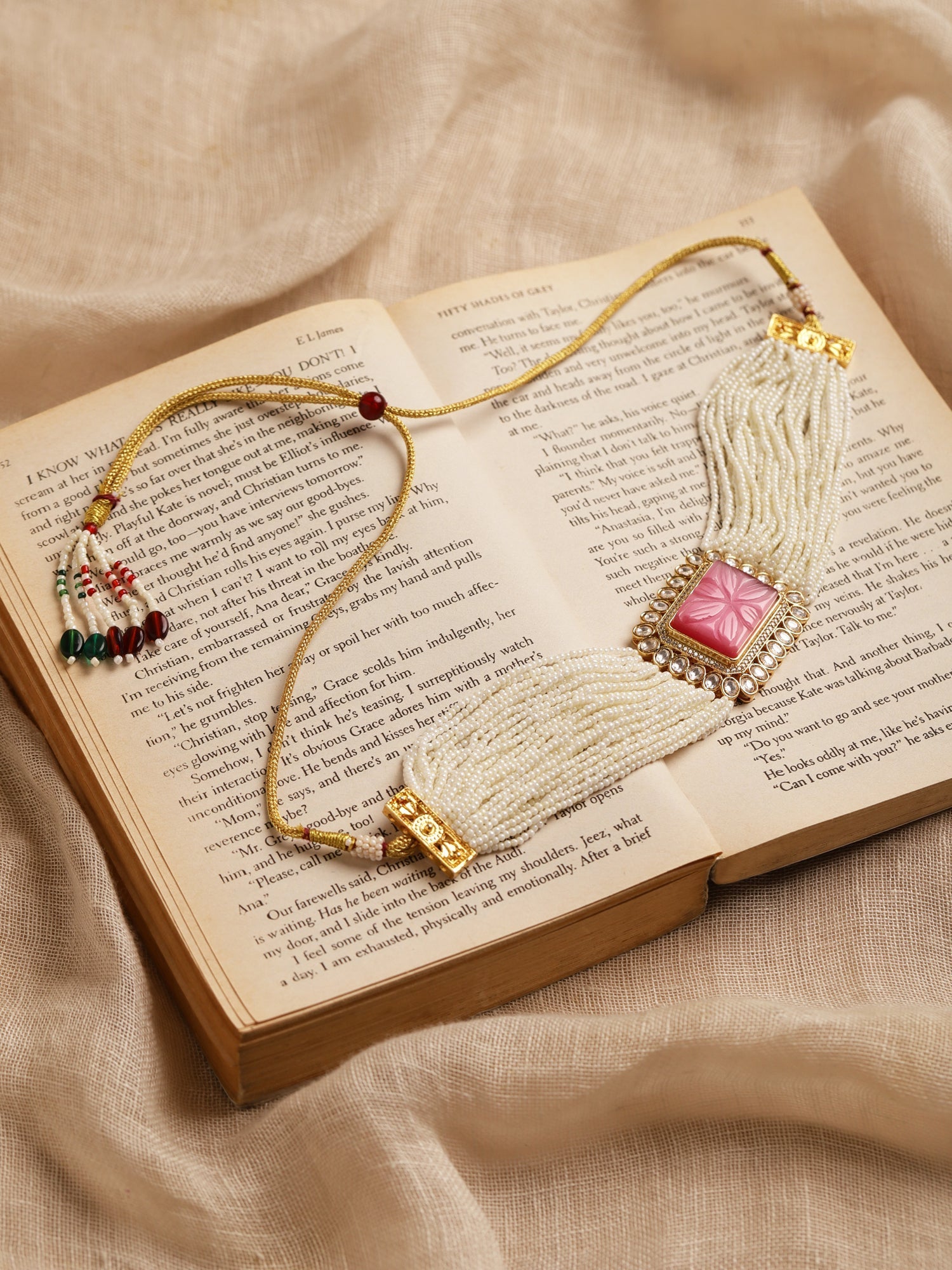 Gold-Plated White Pink Kundan Studded Beaded Brass Choker Necklace - Ruby Raang - Distacart