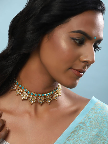 Gold-Toned Blue Brass Gold-Polished Necklace - Ruby Raang