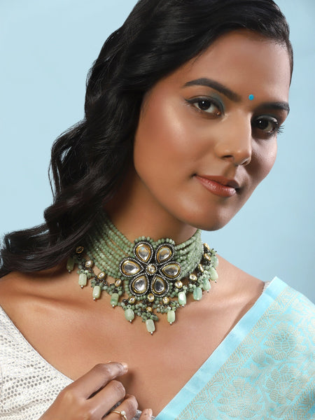 Silver-Plated Green Kundan Brass Necklace - Ruby Raang