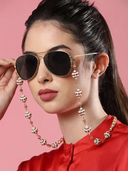 Gold-Toned White Embellished Mask Chain - Ruby Raang