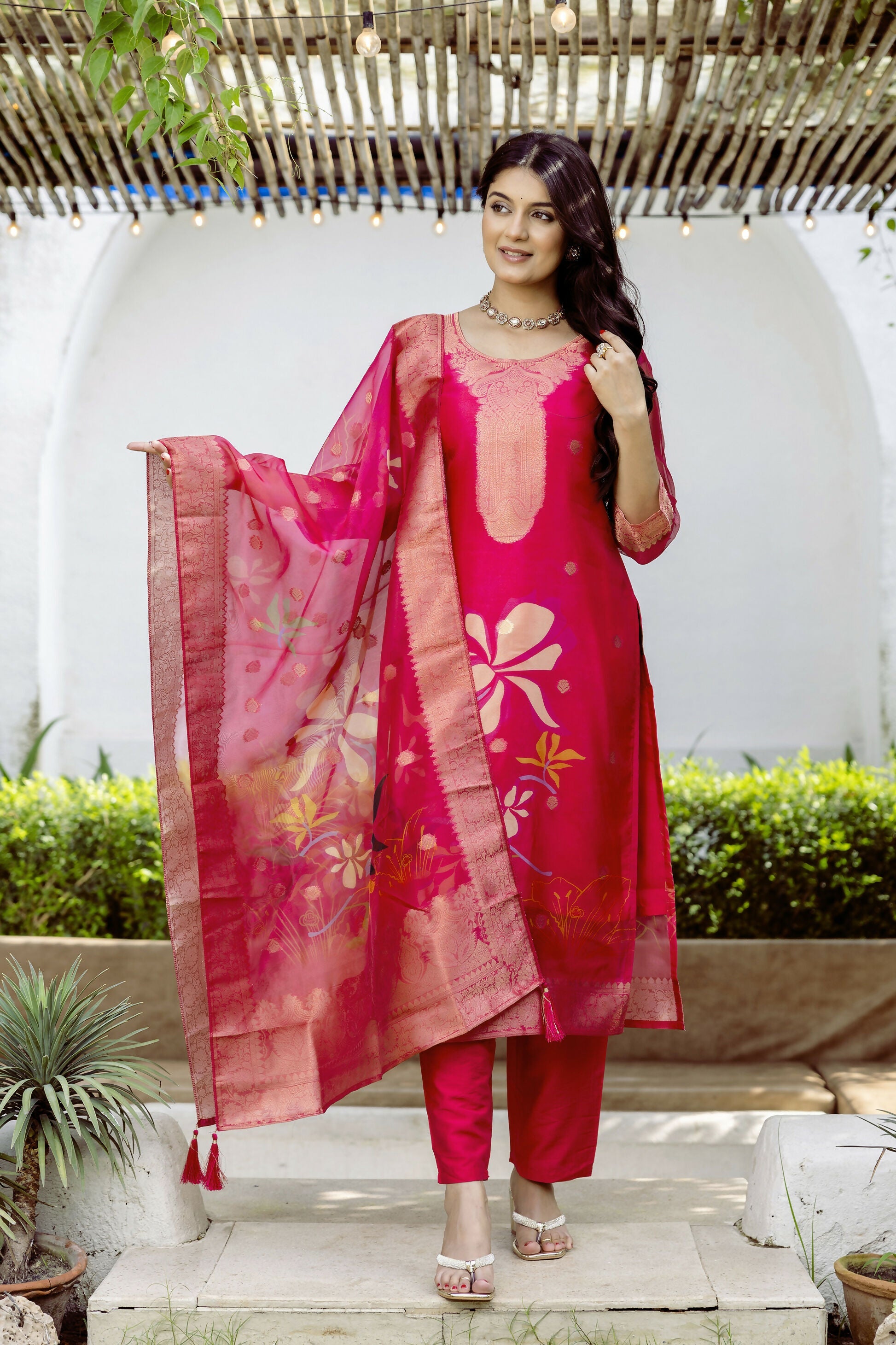 The52 Women's Beautiful Printed Work Jacquard Organza Fabric Straight Kurta Pant and Dupatta Set - Distacart
