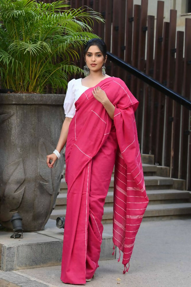 Beatitude Pink Khadi Ghicha Stripes Saree