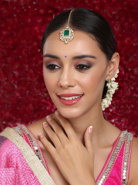 Kundan Maang Tikka with Diamonds & Emerald Stone - Ruby Raang