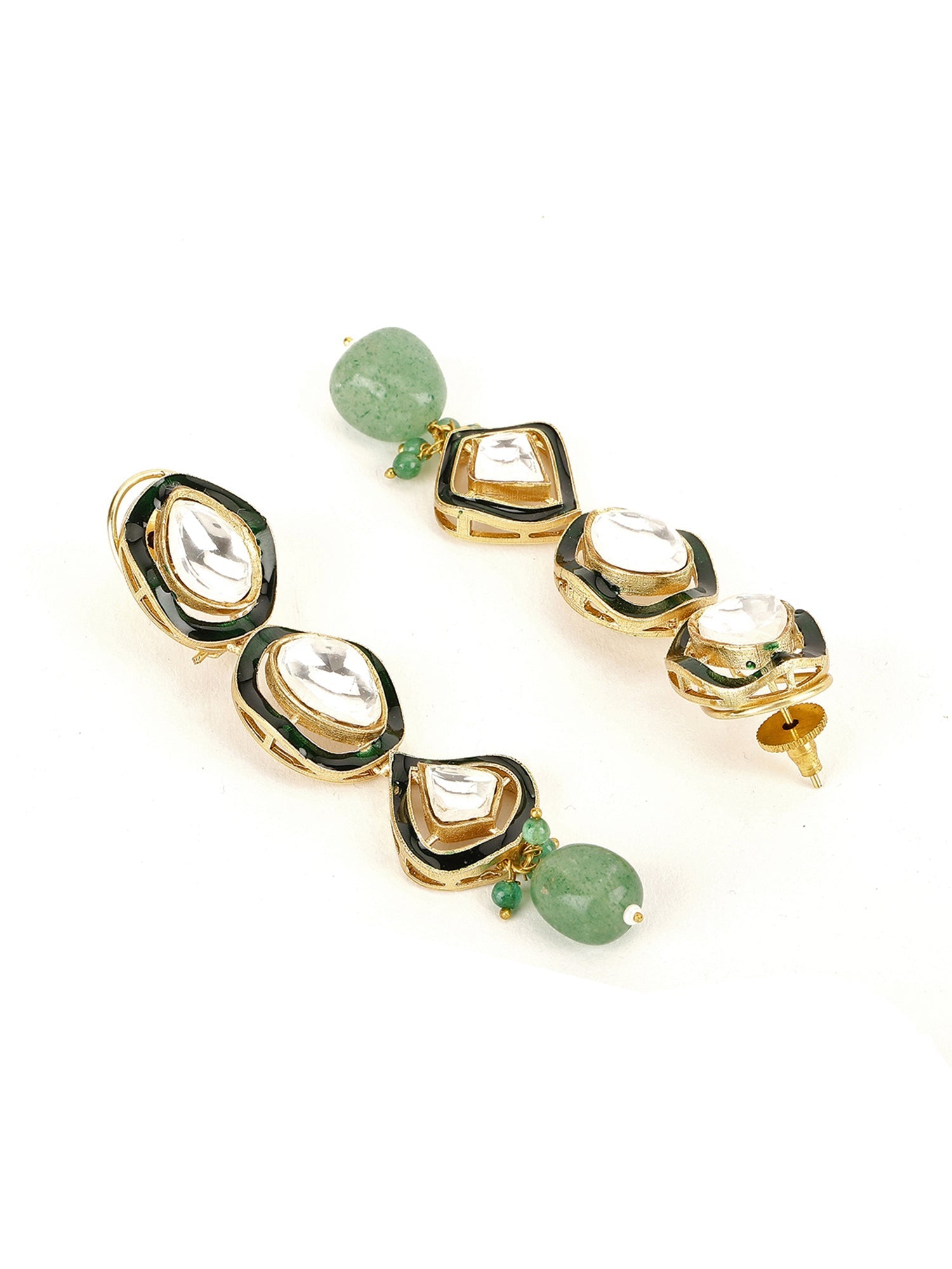 Long Meenakari Kundan Earrings with Emeralds - Ruby Raang - Distacart