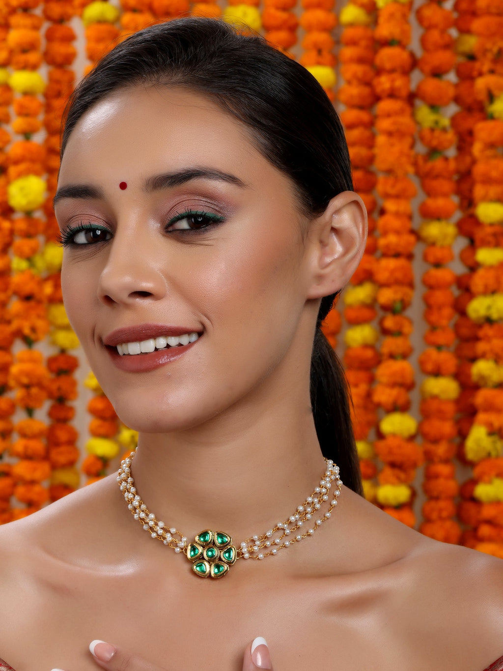 Meenakari Kundan Choker in Pearl Strings - Ruby Raang