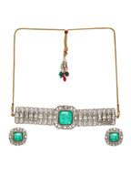 Emerald Stone with Diamonds and Mossainite Choker and Studs - Ruby Raang