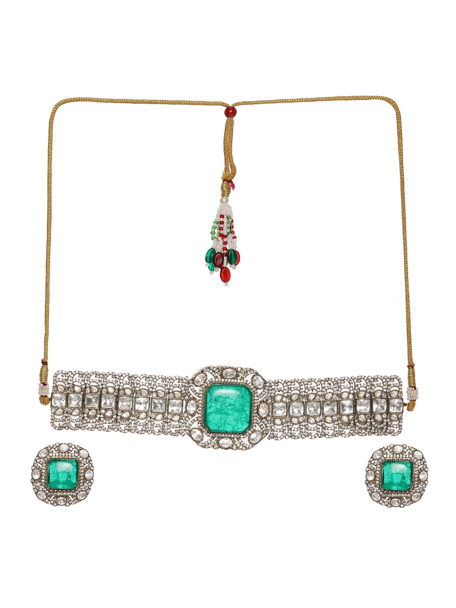 Emerald Stone with Diamonds and Mossainite Choker and Studs - Ruby Raang
