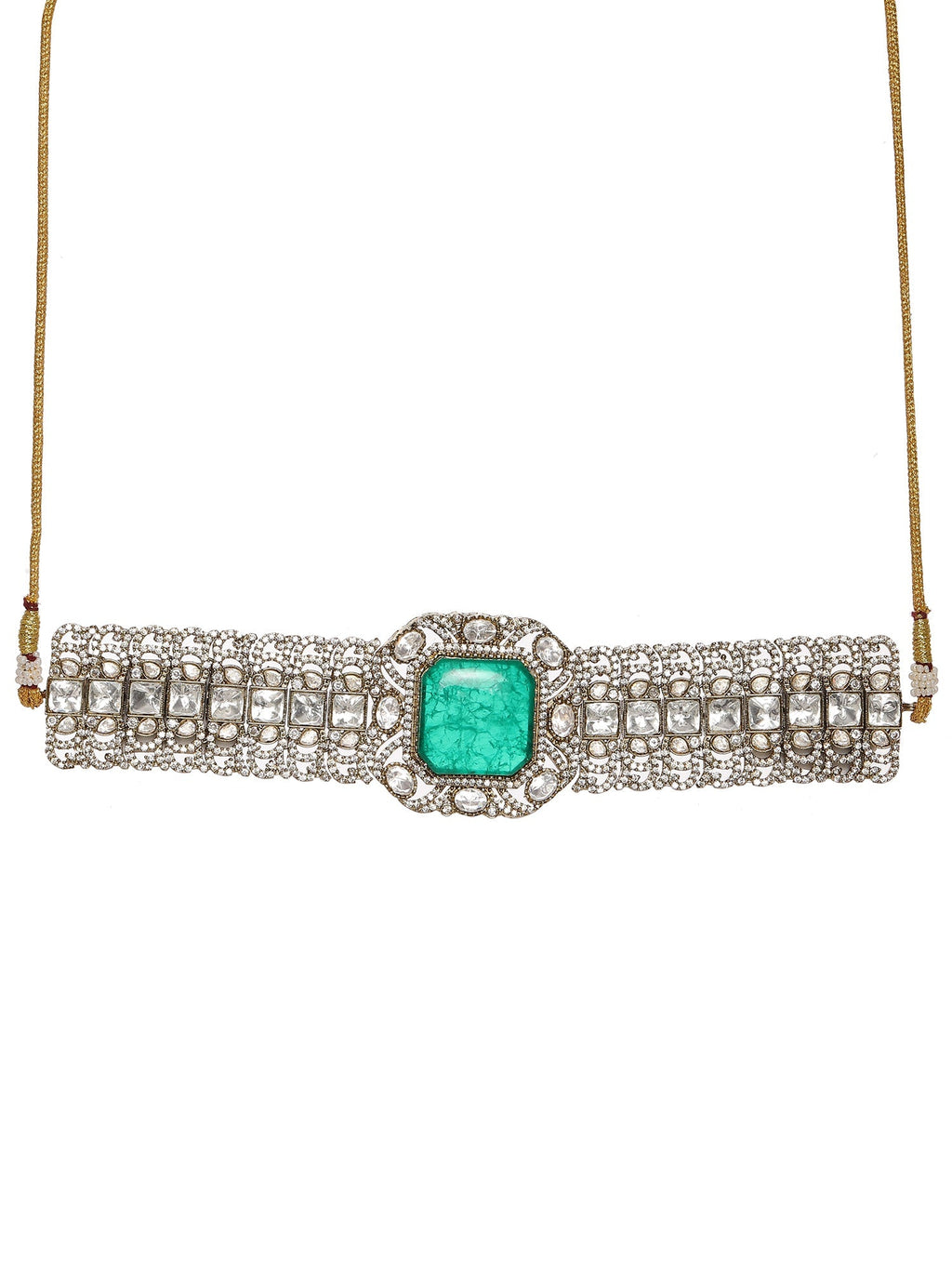 Emerald Stone with Diamonds and Mossainite Choker and Studs - Ruby Raang